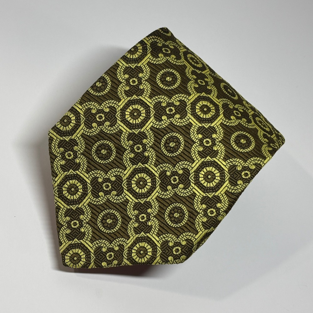 VTG Penneys Qiana Necktie Mens OS Green Yellow Vintage Medallion Geometric MCM